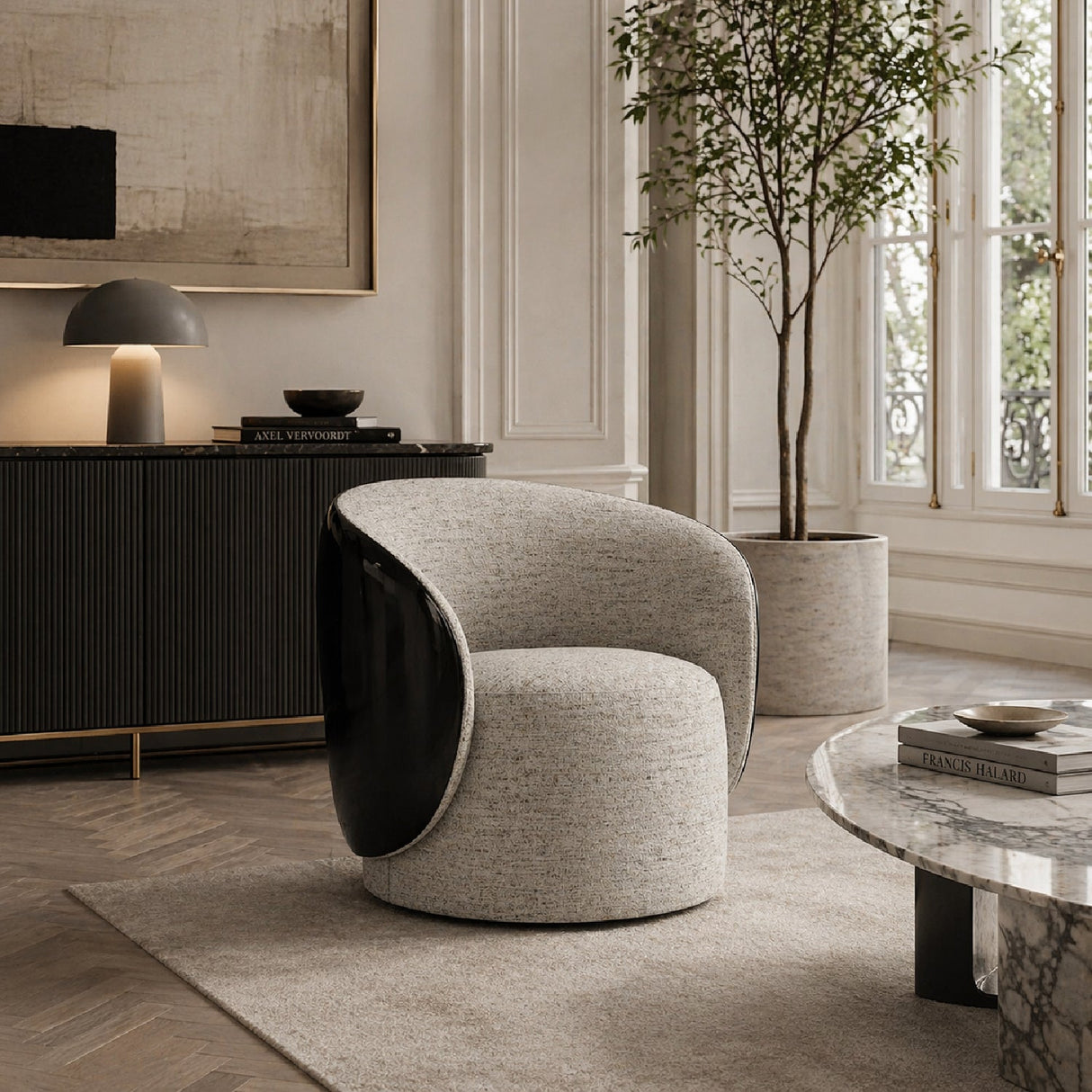 White Chenille Swivel Chair – Cuff – angled view