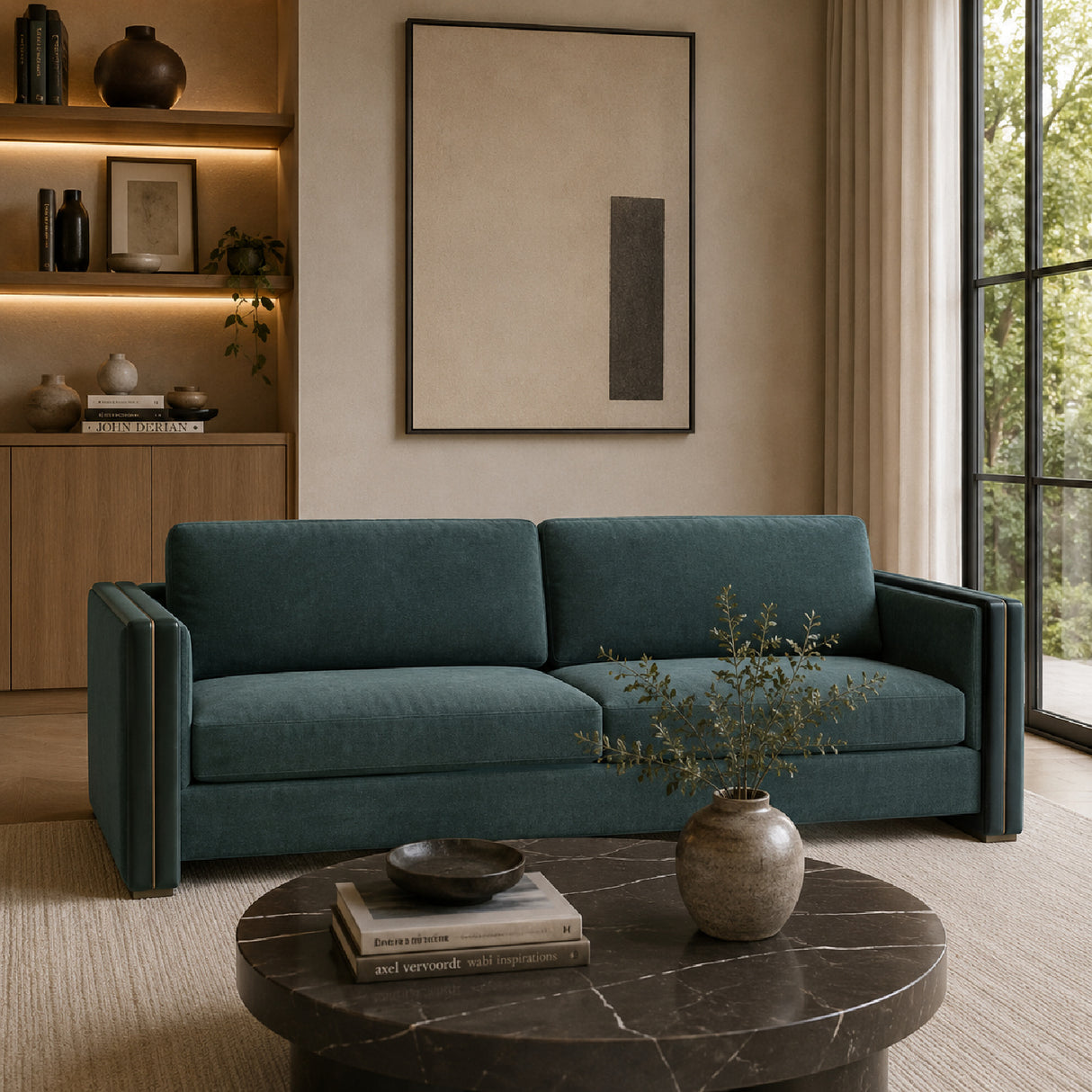 Green Velvet Square-Armed Sofa – Gelee – angled view