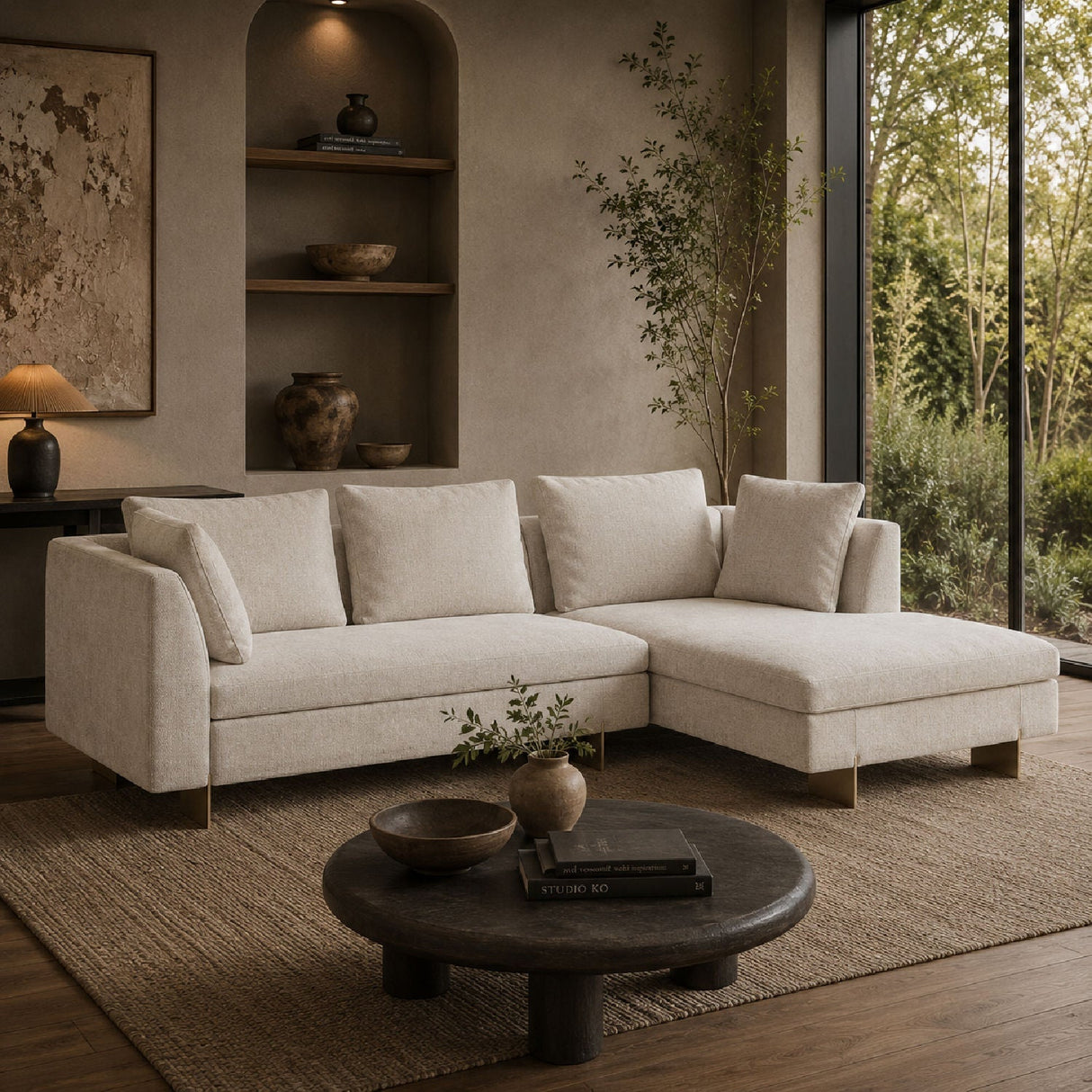 White Chenille Sofa with Chaise – Altura – angled view