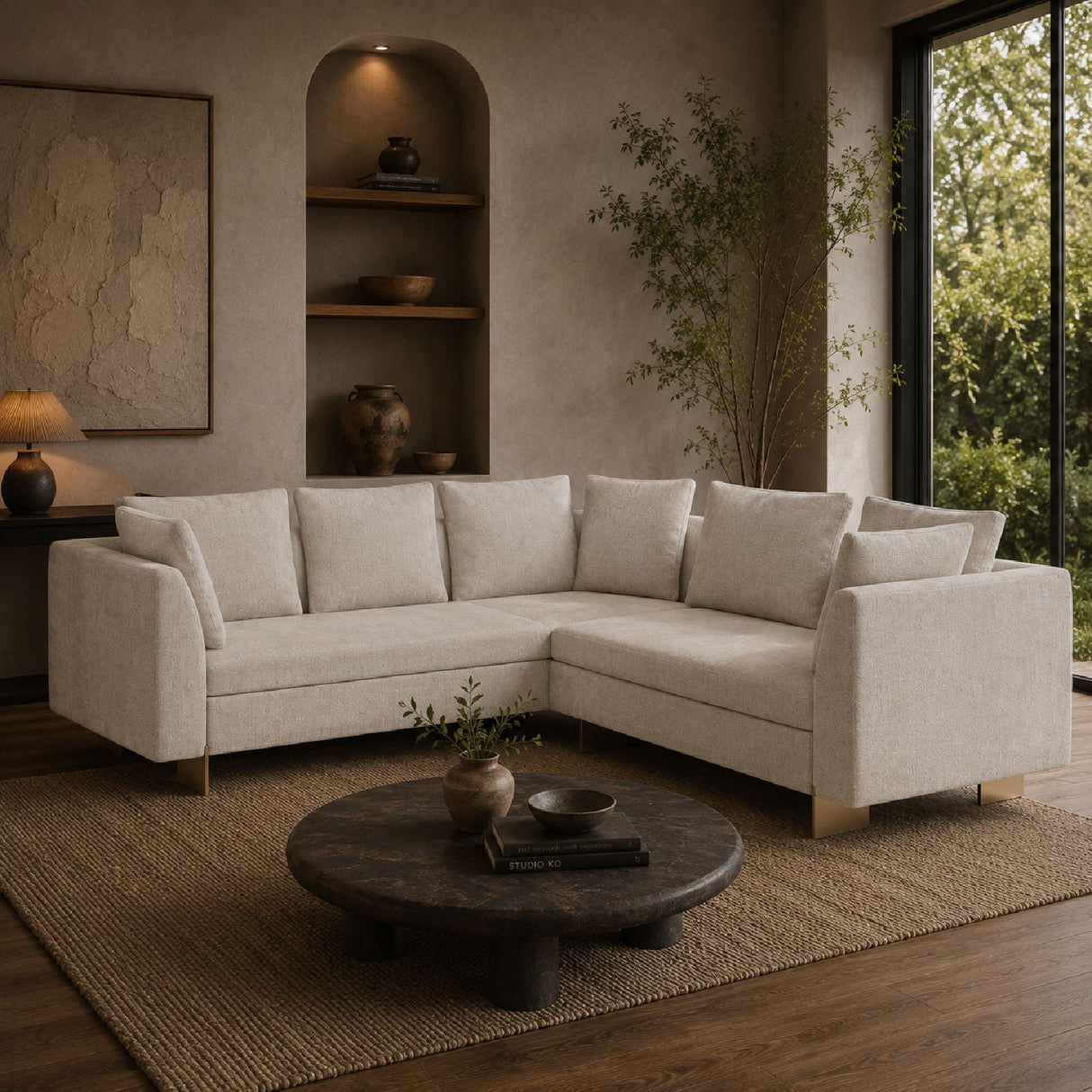 White Chenille Sectional Sofa S – Altura – angled view
