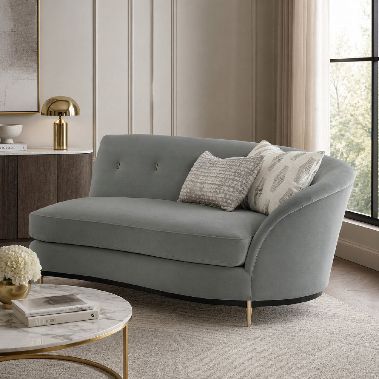 Gray Velvet Right-Armed Loveseat – Three's Company – angled view
