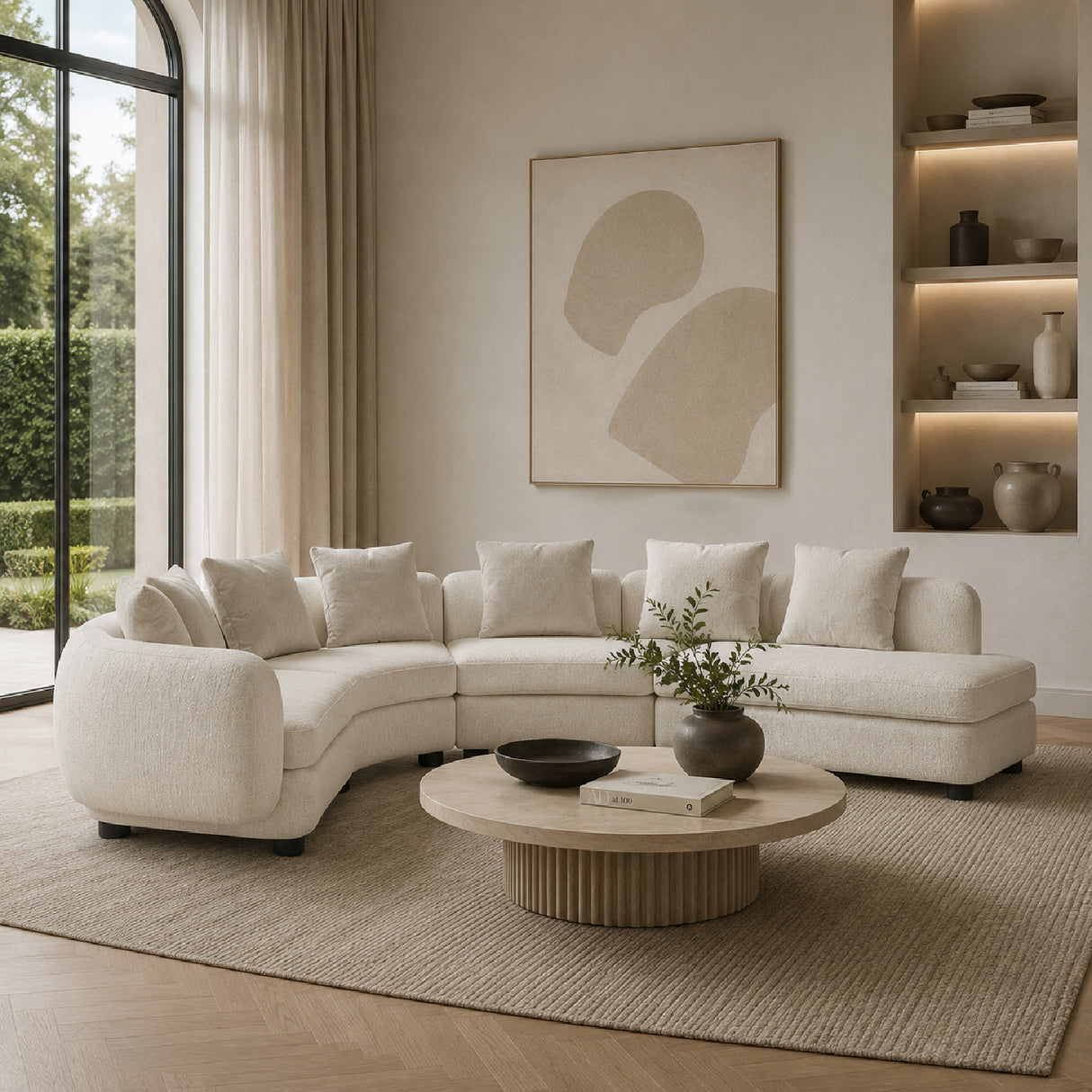 White Curved Armless Loveseat – Crescent – angled view