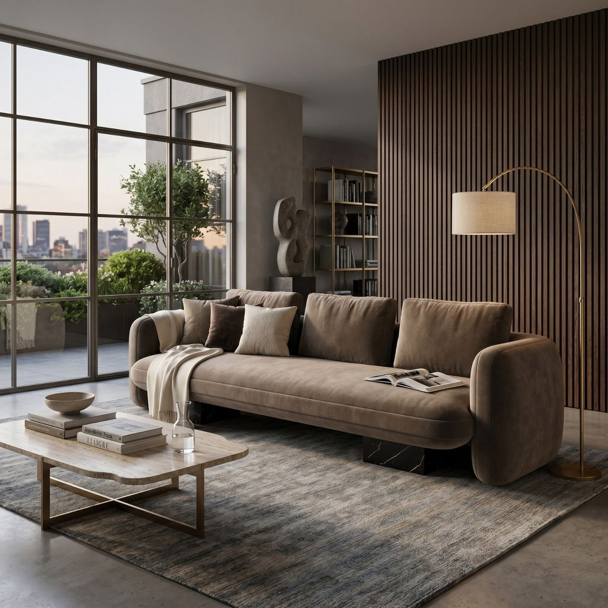 Taupe Velvet Sofa – Overlap – angled view