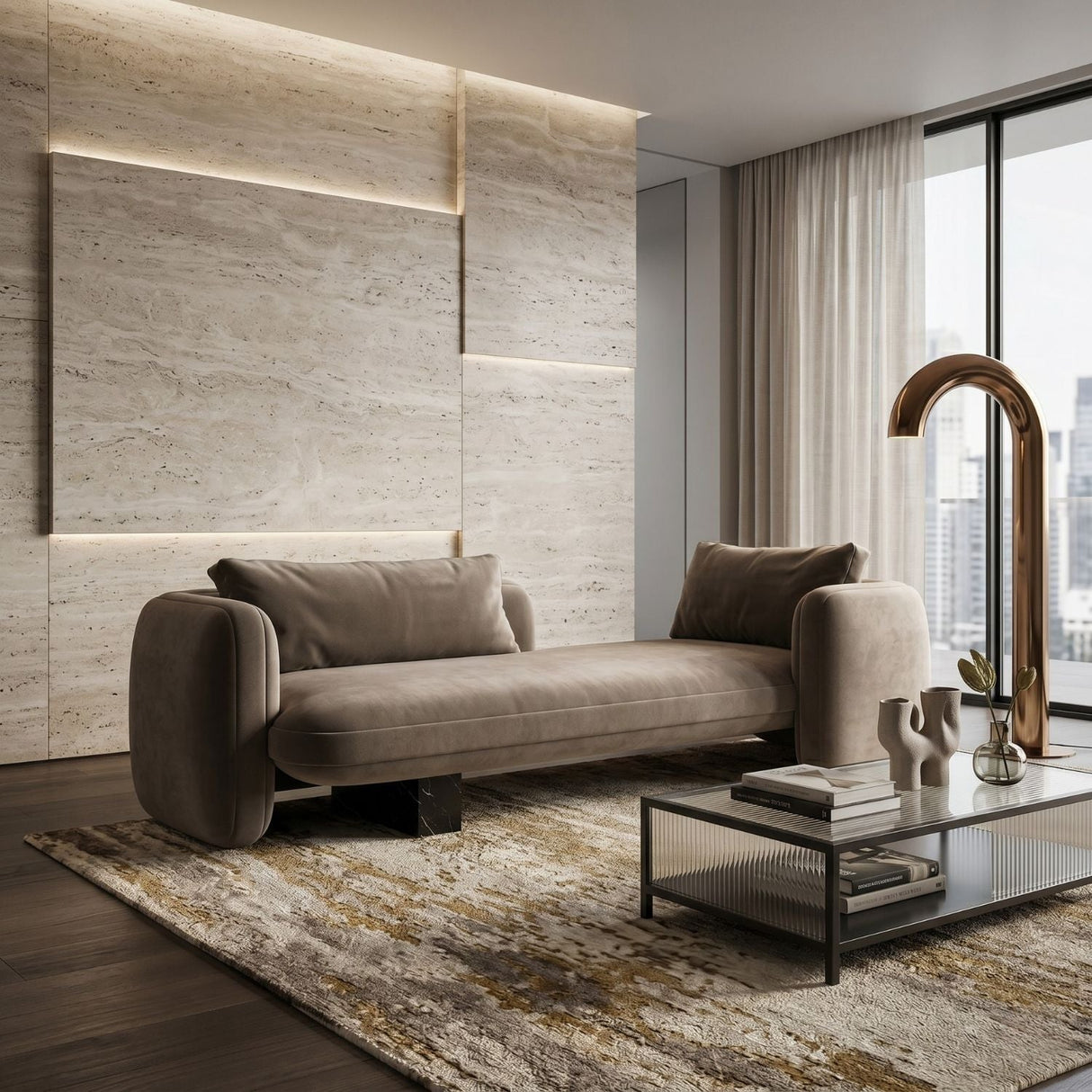 Taupe Velvet Bedroom Chaise – Overlap – angled view