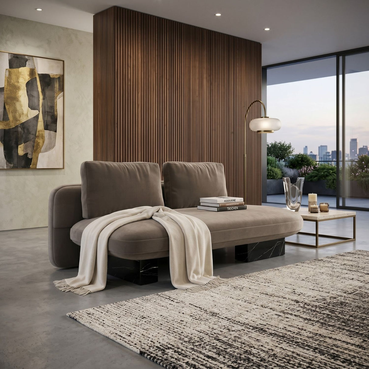 Taupe Velvet Bumper Sofa – Overlap – angled view
