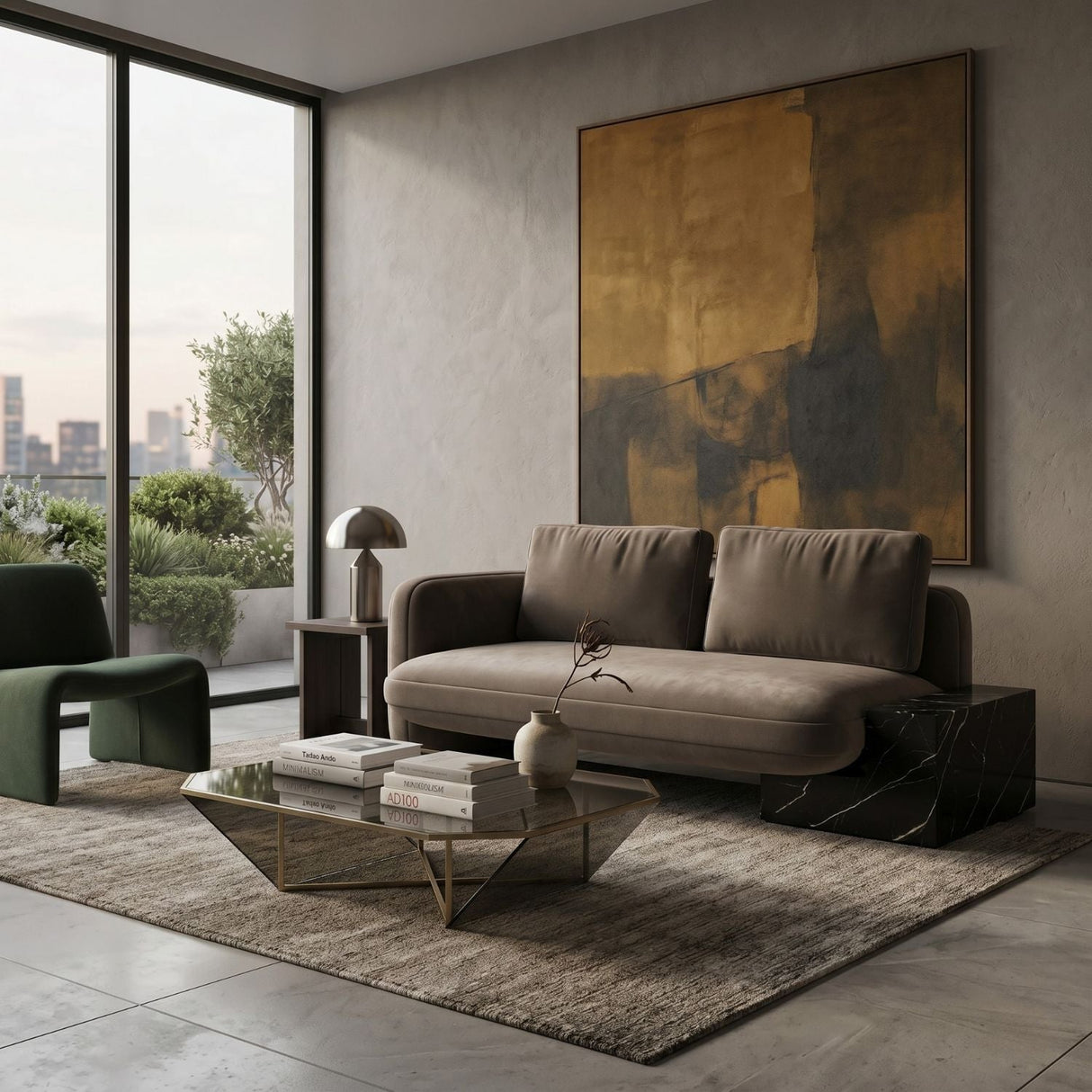Taupe Velvet Loveseat – Overlap – angled view