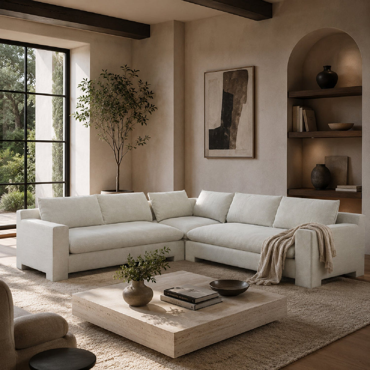Ivory Velvet Sectional Sofa L – Devon – angled view