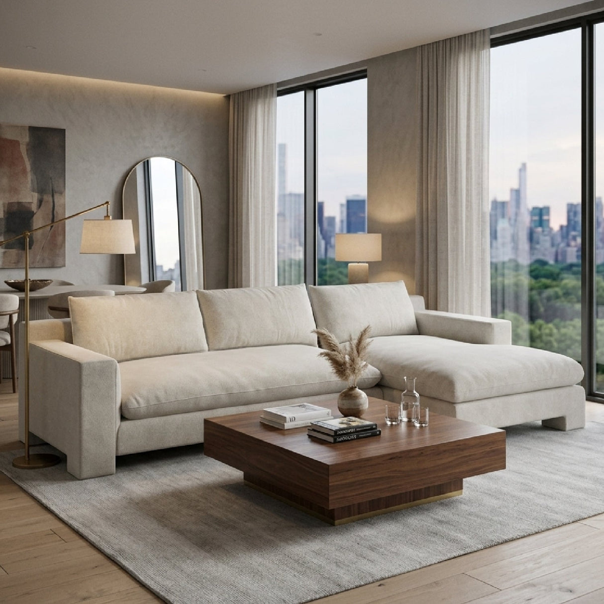 White Velvet Sectional Chaise – Devon – angled view