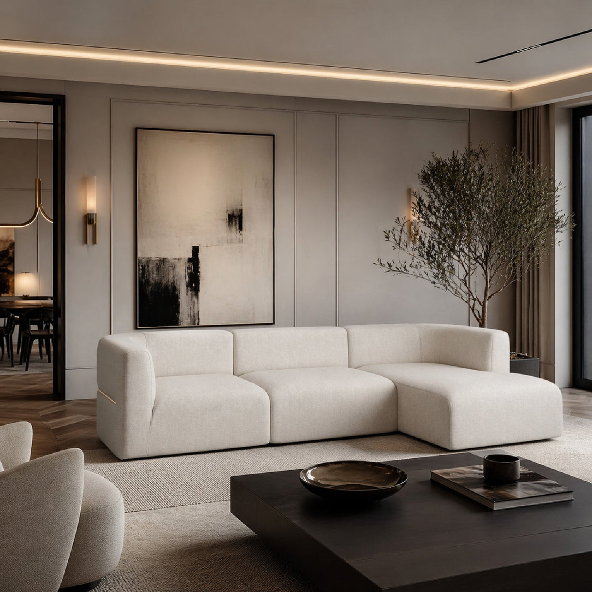 Ribbed Linen Sectional Sofa – Rhythm – angled view
