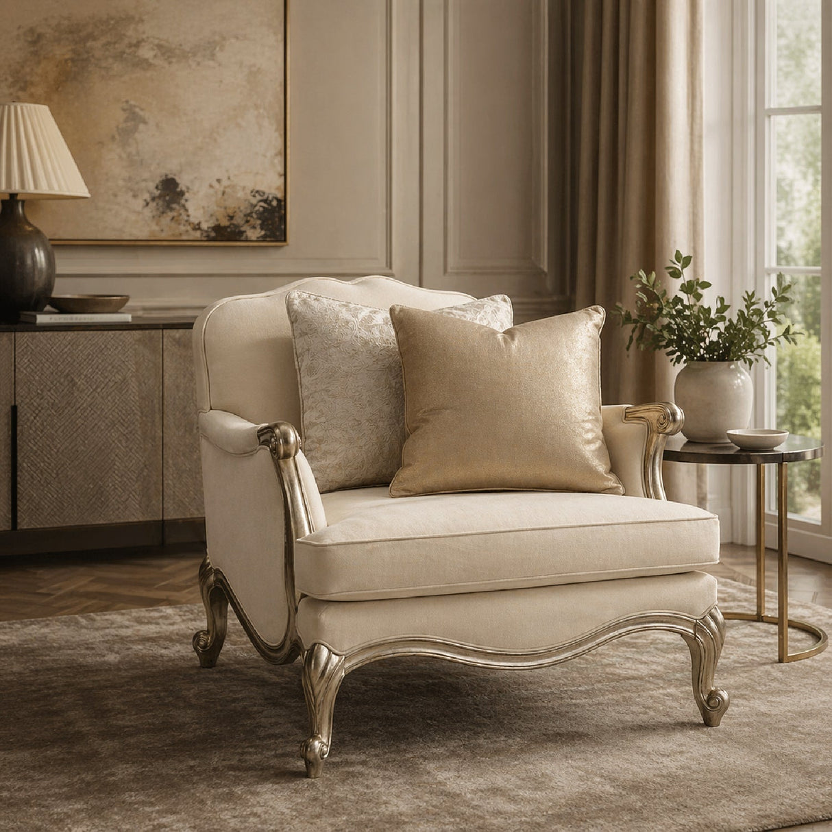 White French-Inspired Lounge Chair – Savoir Faire – angled view