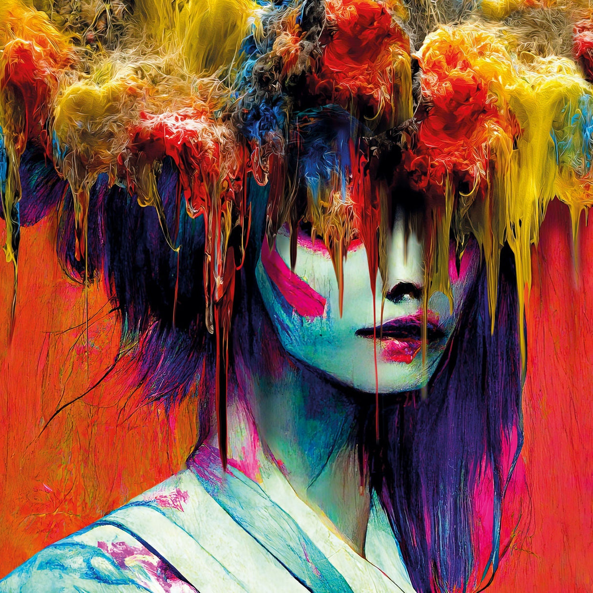 The Rainbow Girl Multicolored Dripping Hair photographic art print by Cobra Art