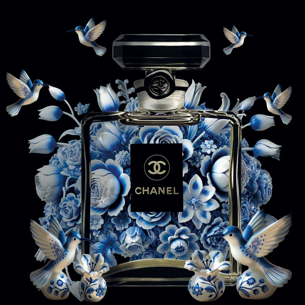 Blue Essence Floral Perfume Bottle photographic art print by Cobra Art