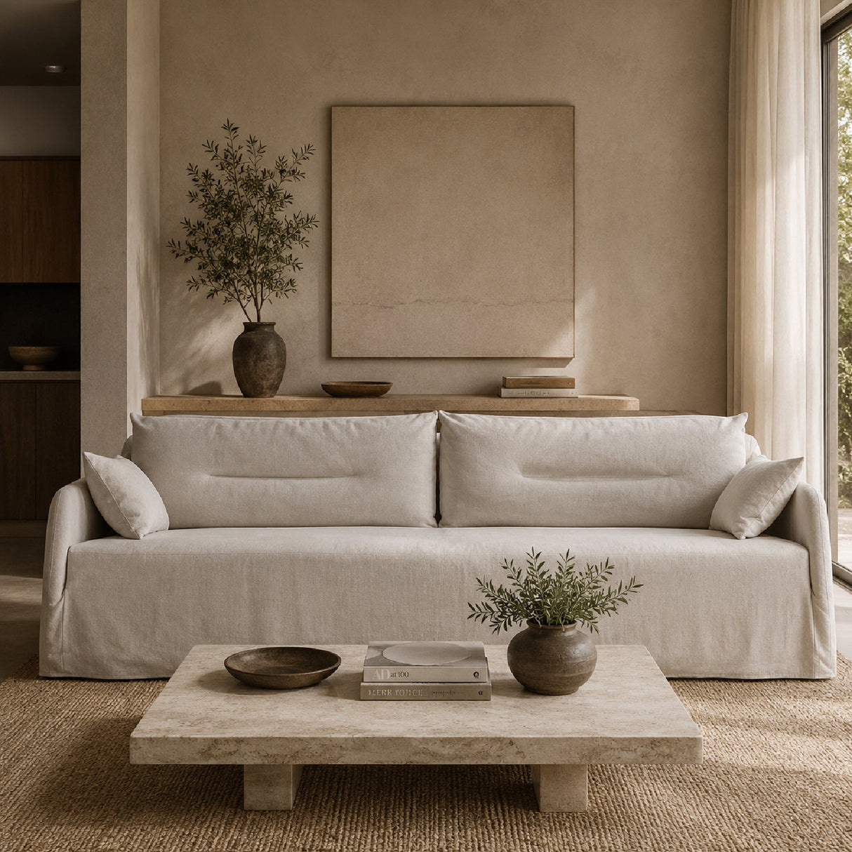 Linen Blend Sofa – Weave – upholstered finish angled view