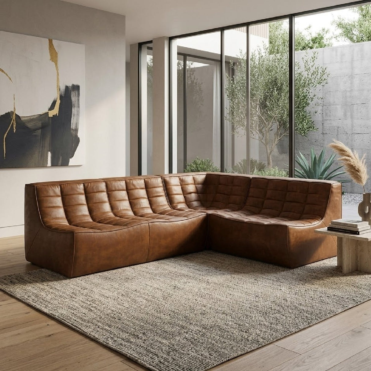 Brown Aniline Leather Modular Sofa Sectional – Ethnicraft N701 – upholstered finish angled view