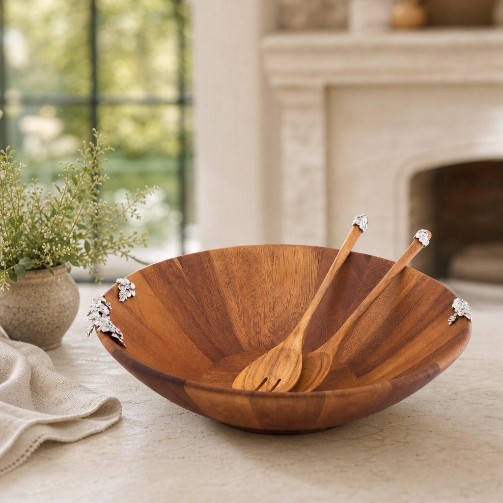 Lilacs Wood Salad Bowl and Servers - OROA