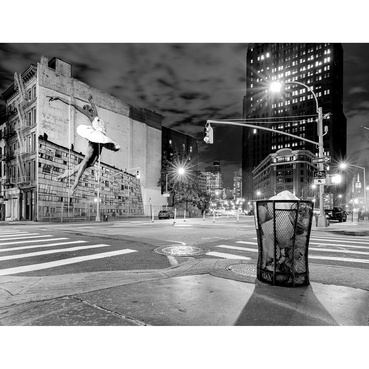 Downtown Dusk Manhattan Ballet In City Monochrome photographic art print by Cobra Art
