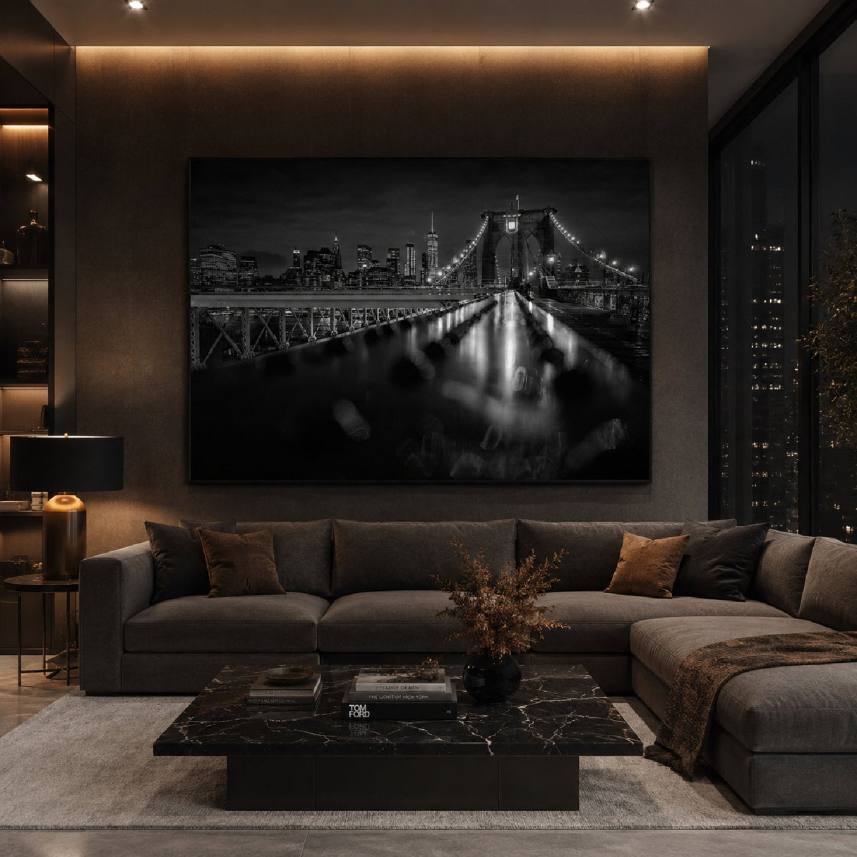 Brooklyn Bridge Night Black & White Architecture photographic art print by Cobra Art, alternate view 2