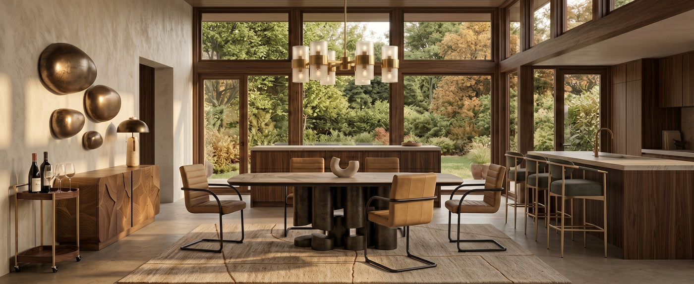 Autumn dining room featuring OROA furniture, warm wood tones, layered textures, and seasonal styling.