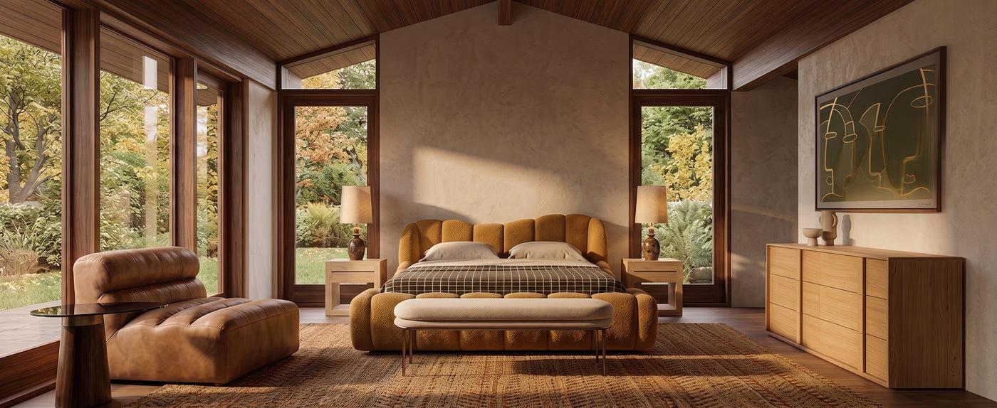 Autumn master bedroom by OROA featuring layered textiles, warm furnishings, and seasonal interior design.