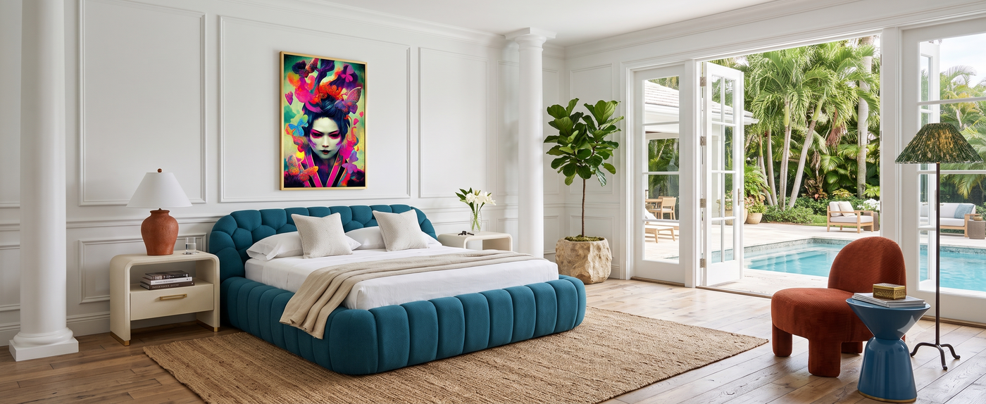 Miami Art Deco bedroom by OROA featuring sculptural furniture, bold details, and refined geometric design.