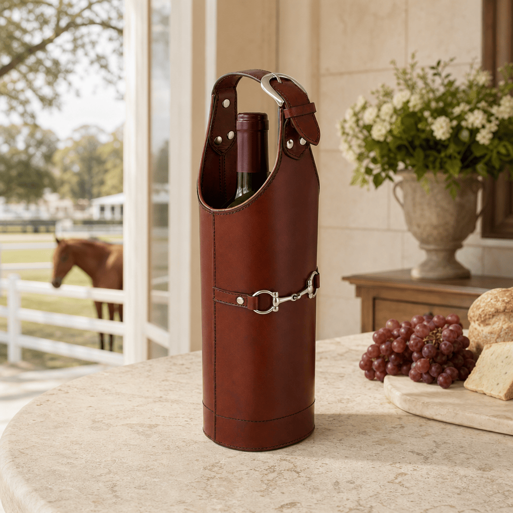 Equestrian Genuine Leather Bit Single Wine Bottle Carrier - OROA