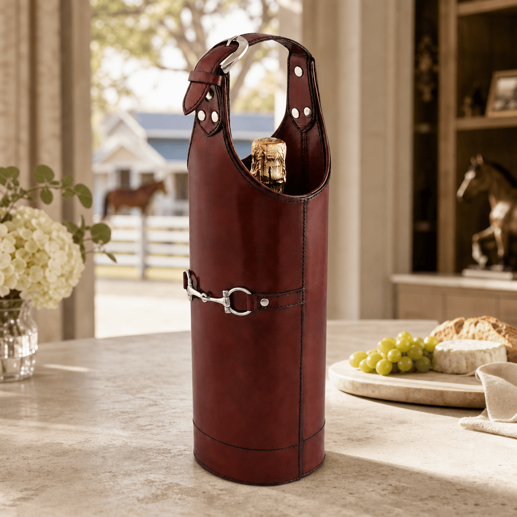 Equestrian Genuine Leather Bit Single Wine Bottle Carrier - OROA