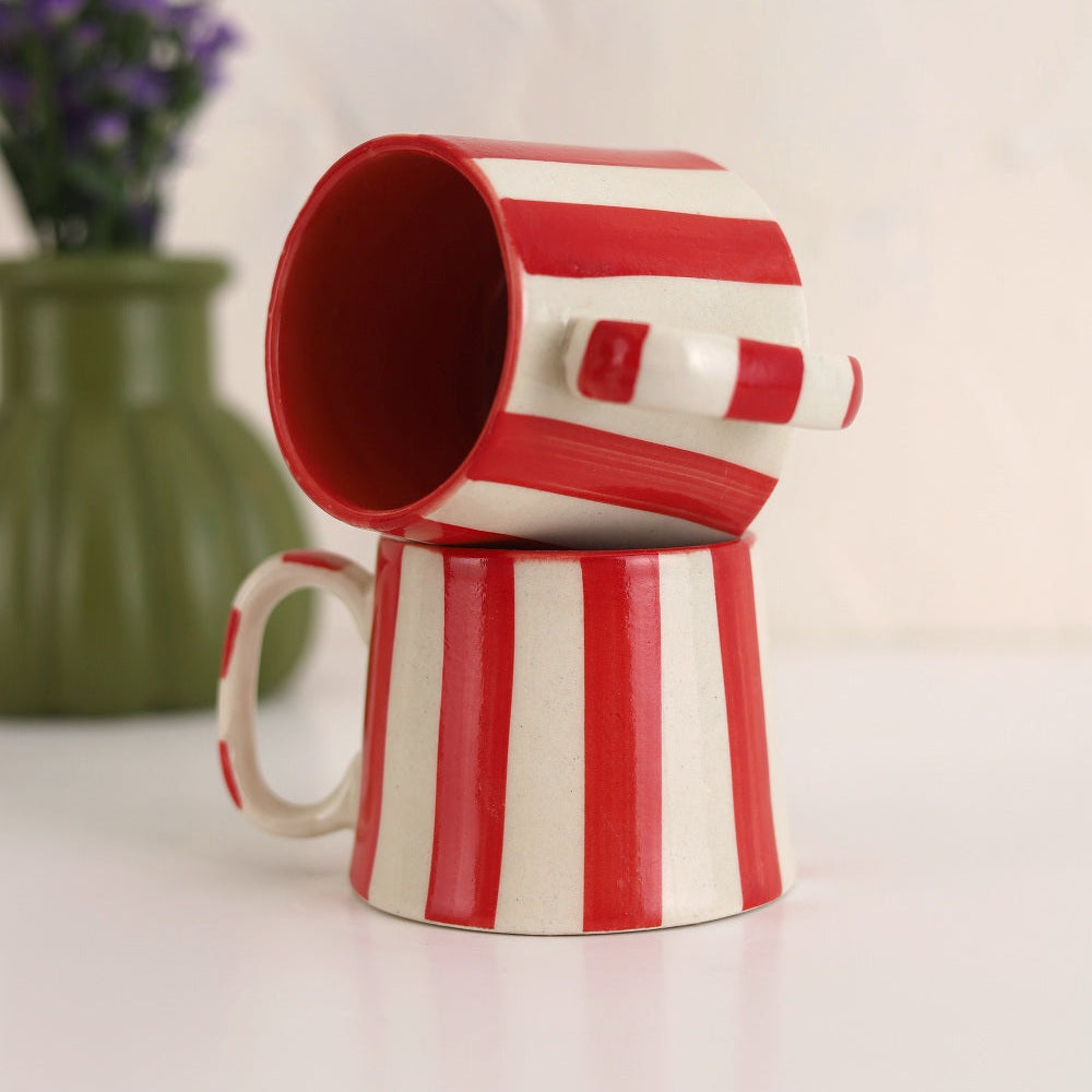 Ceramic Red Stripe Coffee Cup, 220ml – Handmade, Set of 4