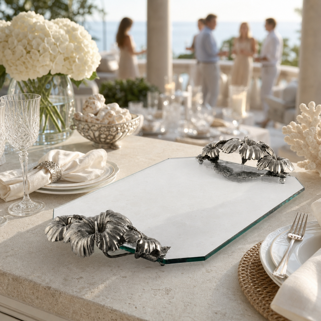 Pewter & Italian Glass Hibiscus Serving Tray - OROA