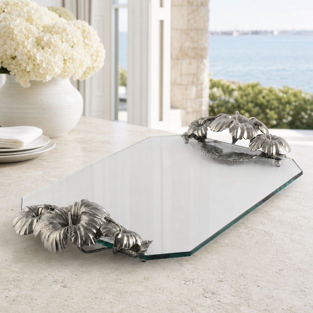 Pewter & Italian Glass Hibiscus Serving Tray - OROA