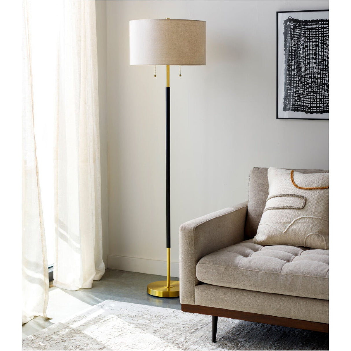 Cream Linen Pull-Switch Floor Lamp – Aberdeen – angled view