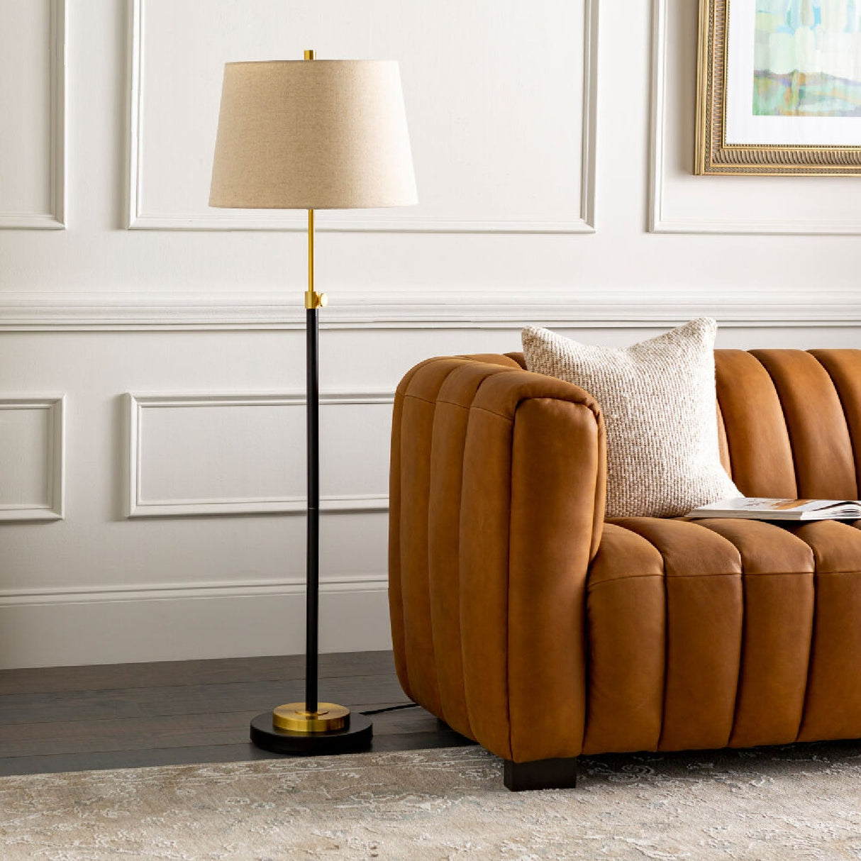 Cream Linen Accent Floor Lamp – Aberdeen – angled view
