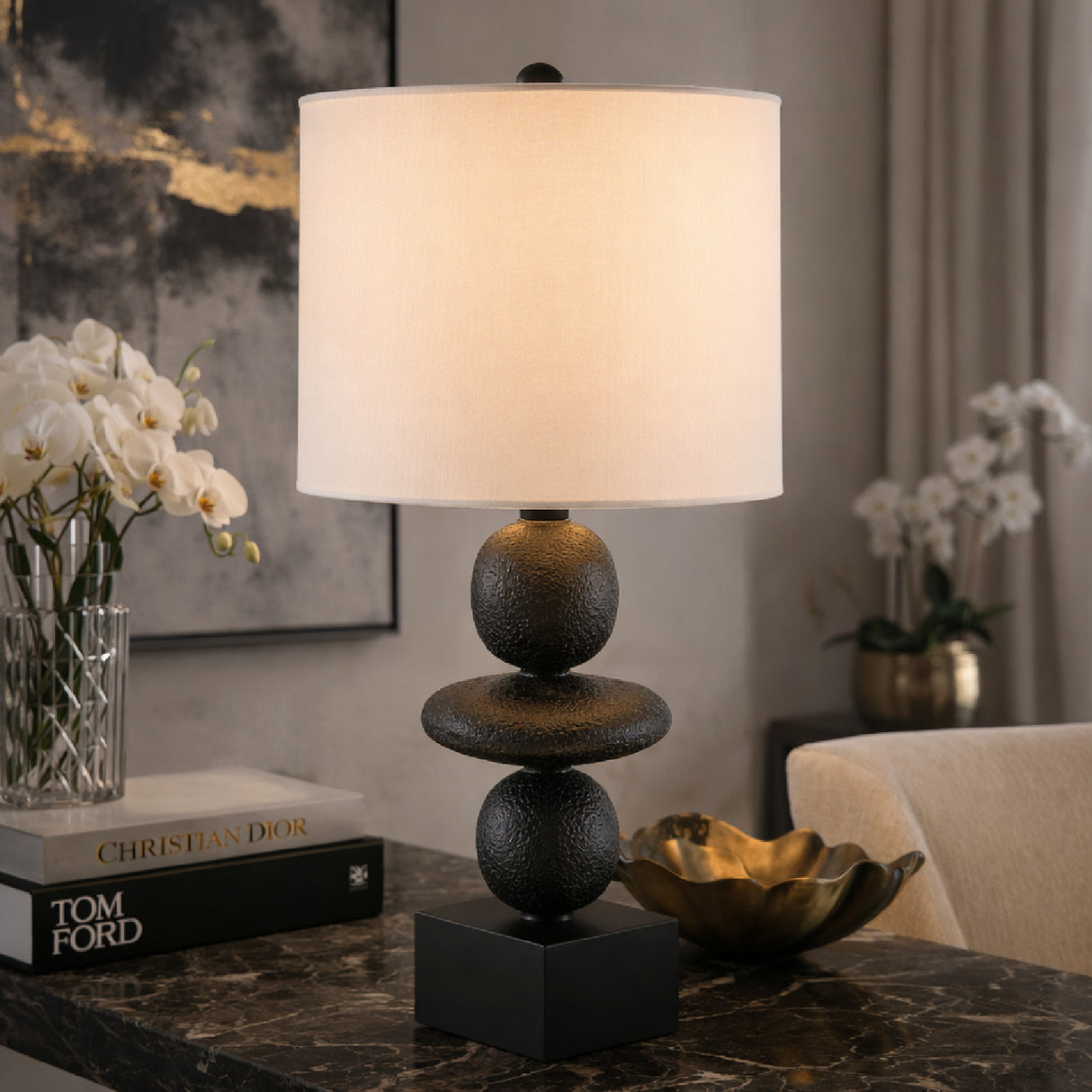 Geometric Stacked Linen Table Lamp | Oroa.com