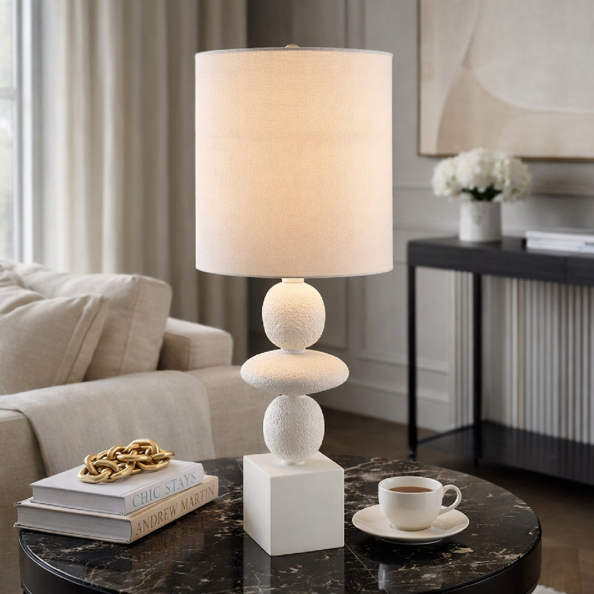 Geometric Stacked Linen Table Lamp | Oroa.com