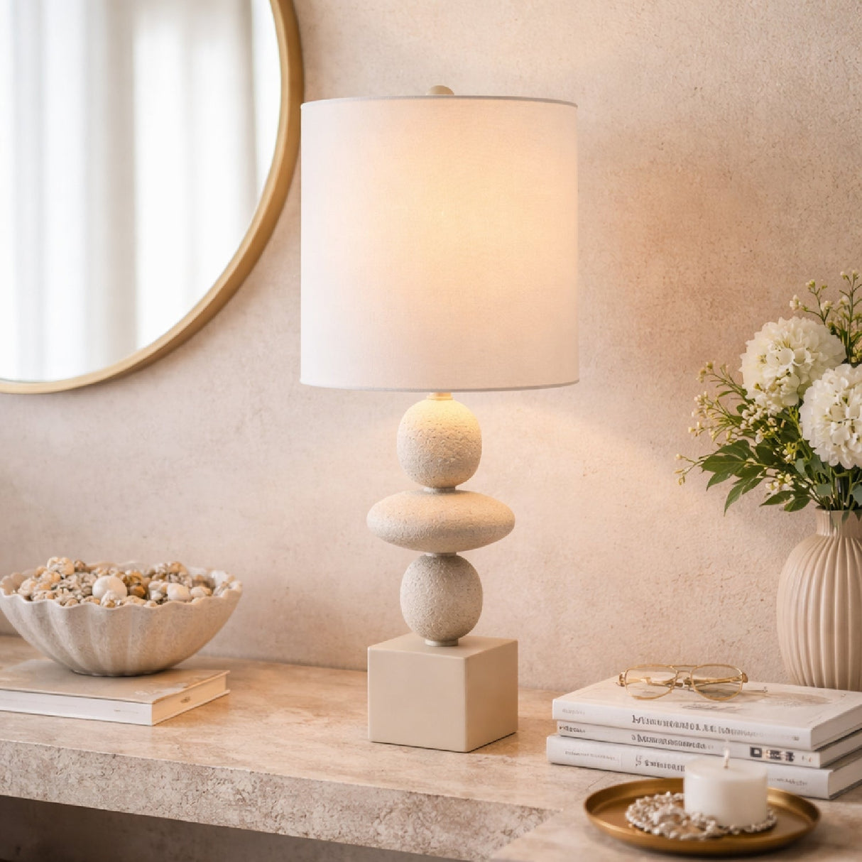 Modern European furniture - Geometric Stacked Linen Table Lamp - www.oroa.com