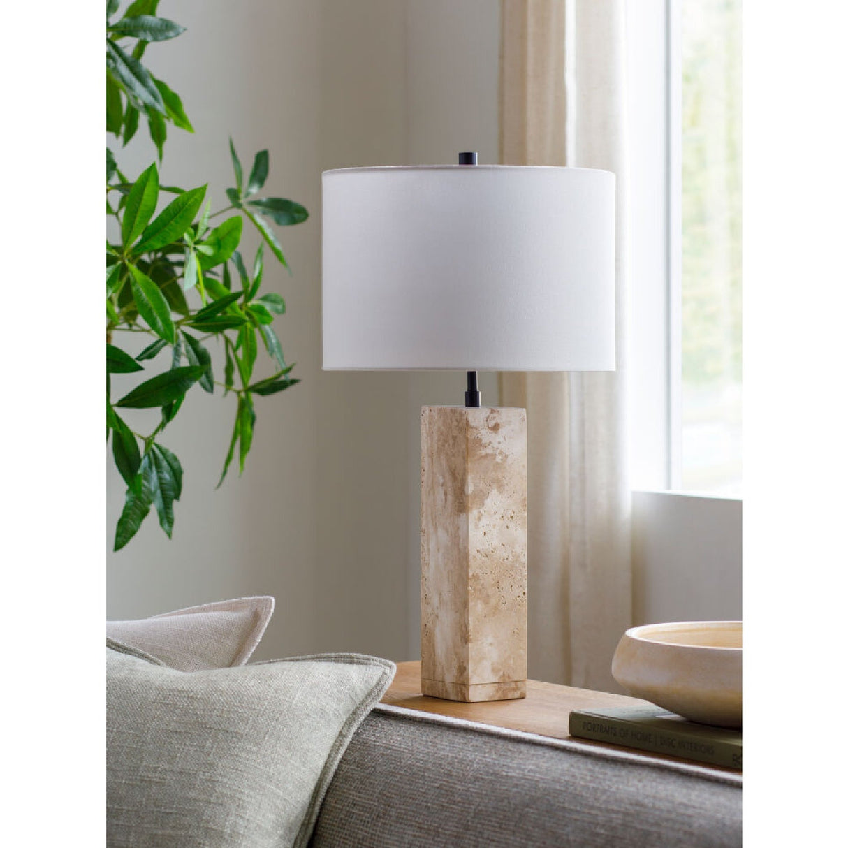 Modern European furniture - Travertine Cream Linen Table Lamp - www.oroa.com