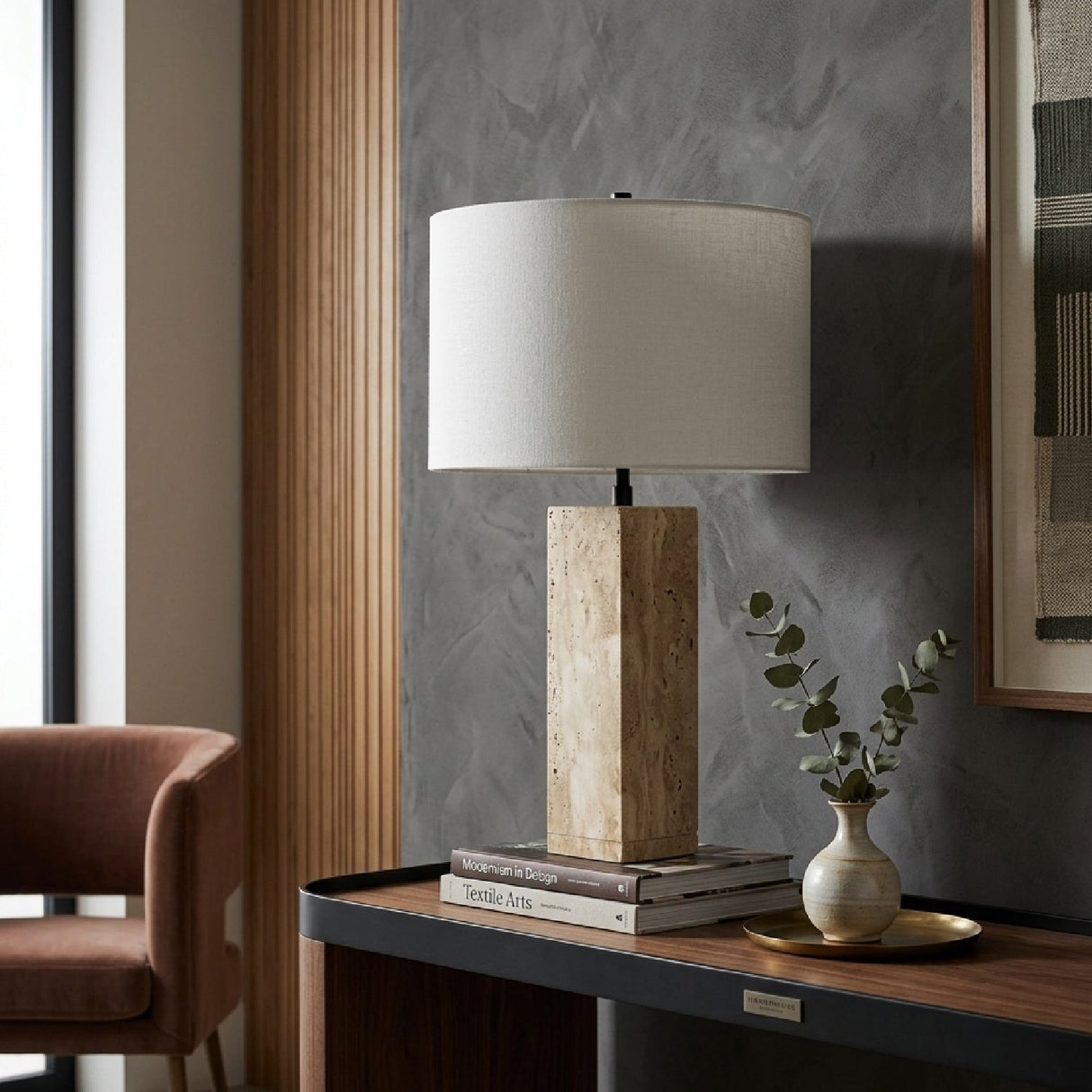 Modern European furniture - Travertine Cream Linen Table Lamp - www.oroa.com