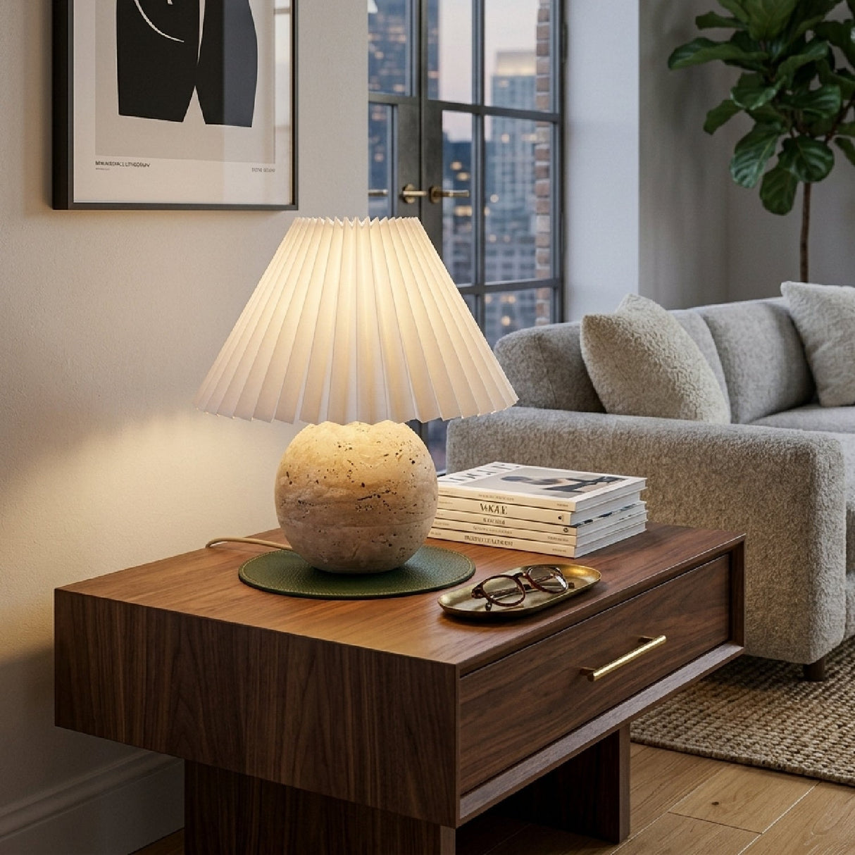 Modern European furniture - Pleated Linen Travertine Table Lamp - www.oroa.com