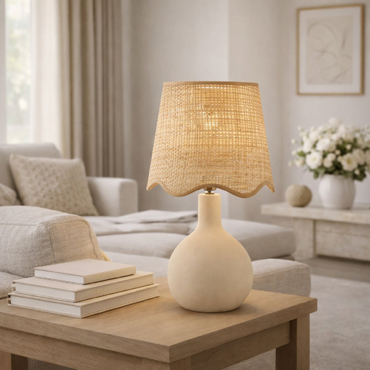 Modern European furniture - Wavy-Edge Rattan Ceramic Table Lamp - www.oroa.com
