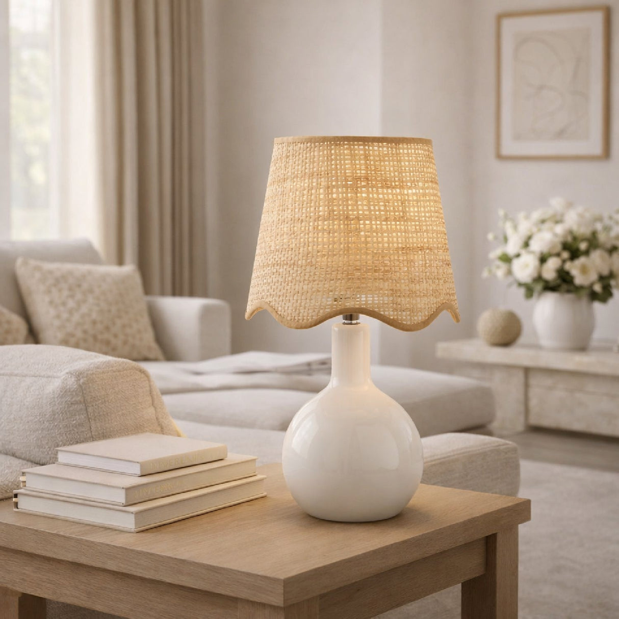 Modern European furniture - Wavy-Edge Rattan Ceramic Table Lamp - www.oroa.com