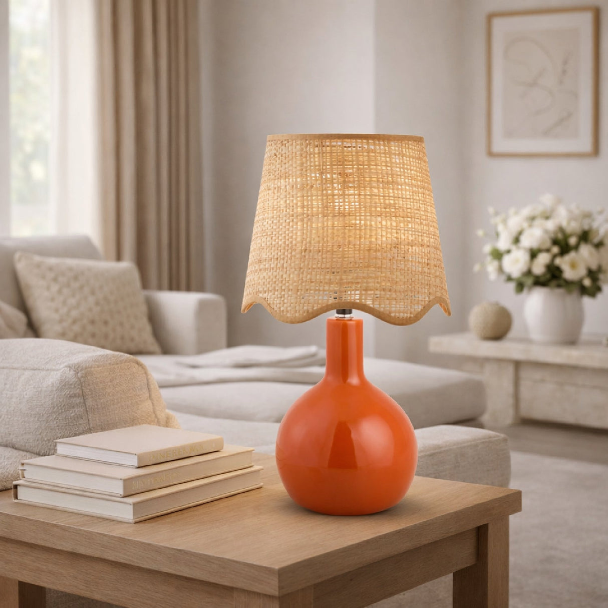 Modern European furniture - Wavy-Edge Rattan Ceramic Table Lamp - www.oroa.com