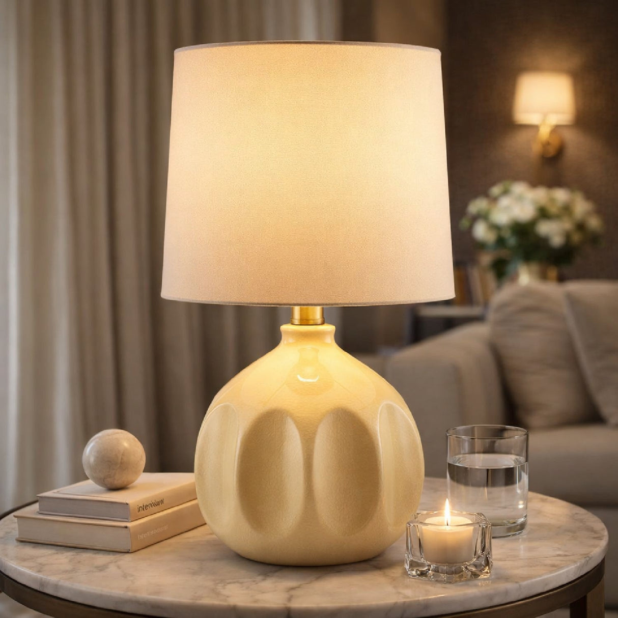 Modern European furniture - Linen Carved Ceramic Table Lamp - www.oroa.com
