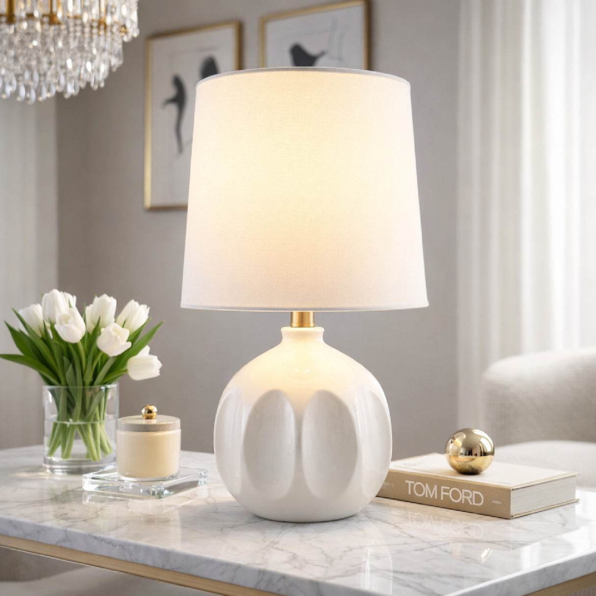Modern European furniture - Linen Carved Ceramic Table Lamp - www.oroa.com