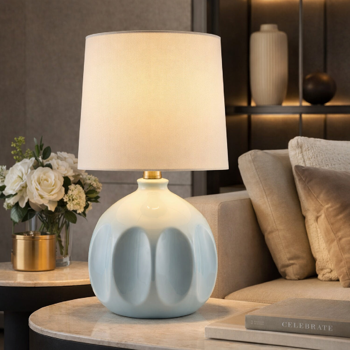 Modern European furniture - Linen Carved Ceramic Table Lamp - www.oroa.com