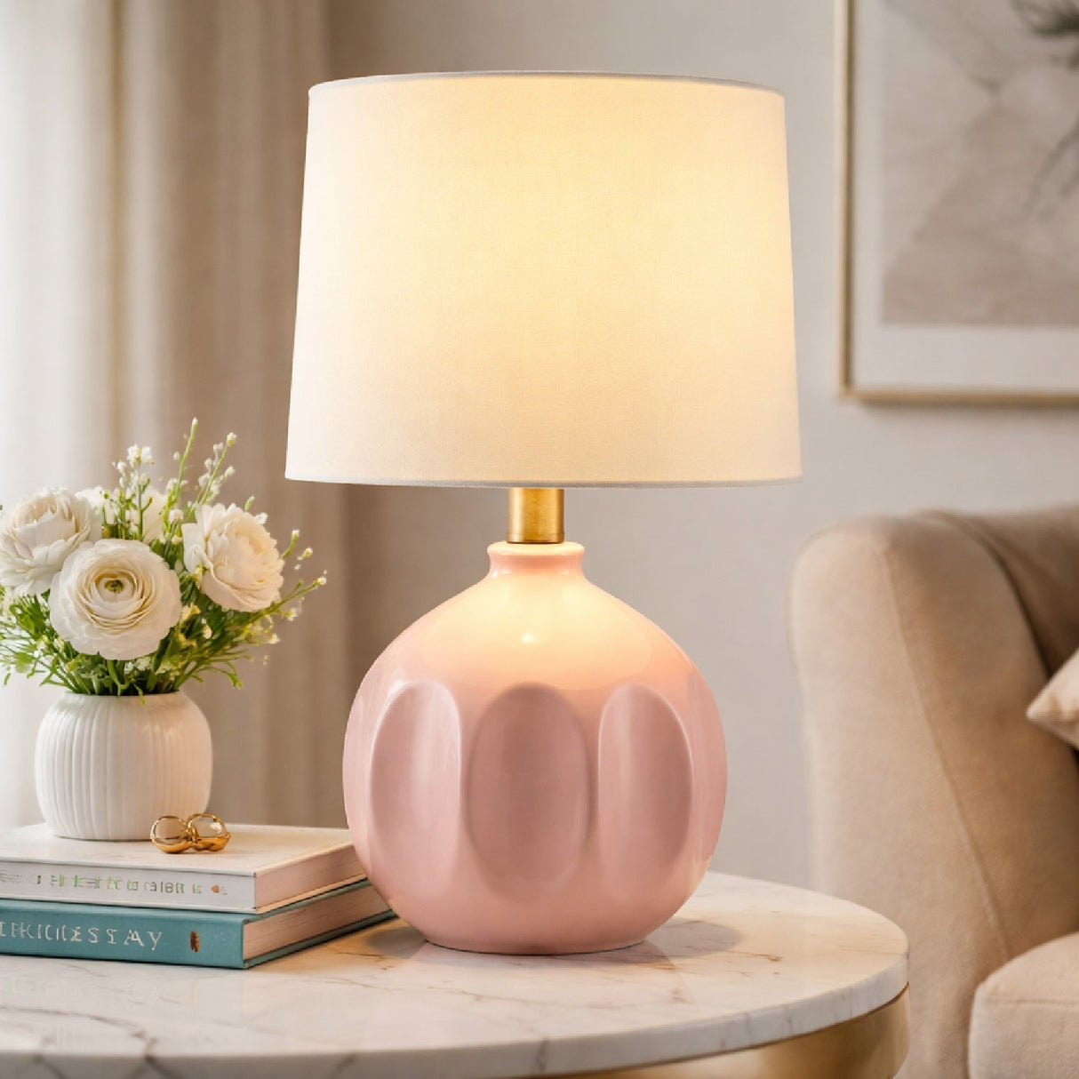 Modern European furniture - Linen Carved Ceramic Table Lamp - www.oroa.com