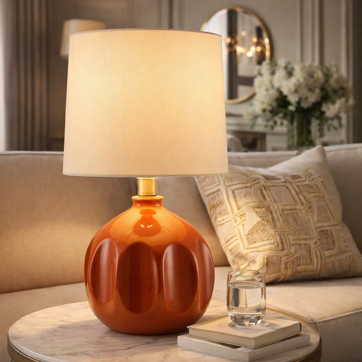 Modern European furniture - Linen Carved Ceramic Table Lamp - www.oroa.com