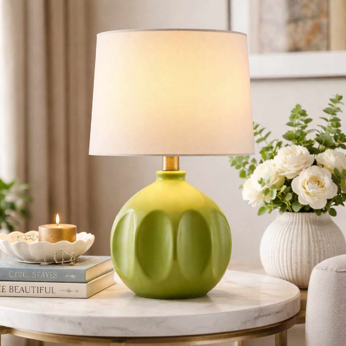 Modern European furniture - Linen Carved Ceramic Table Lamp - www.oroa.com