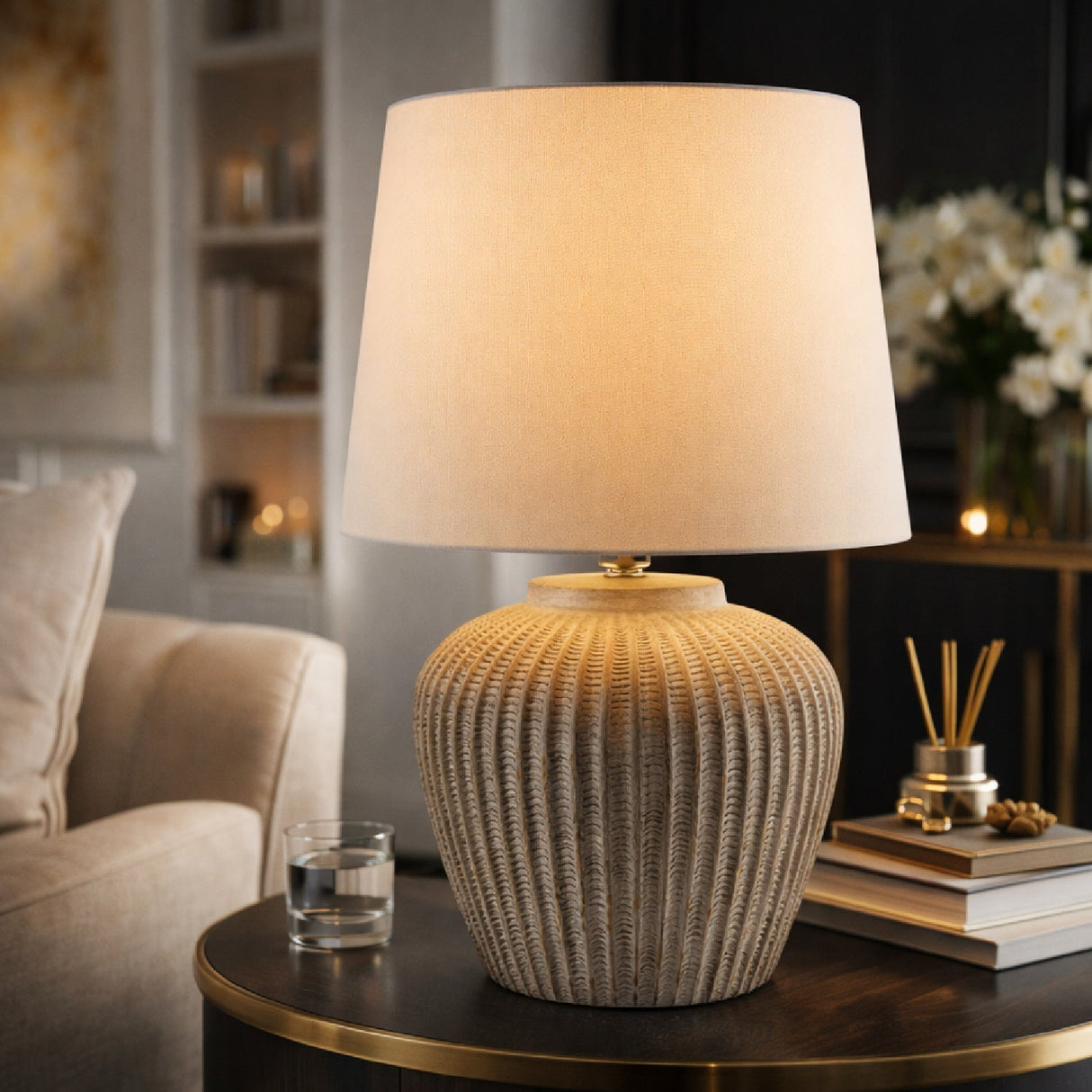 Modern European furniture - Carved Gray Ceramic Table Lamp - www.oroa.com