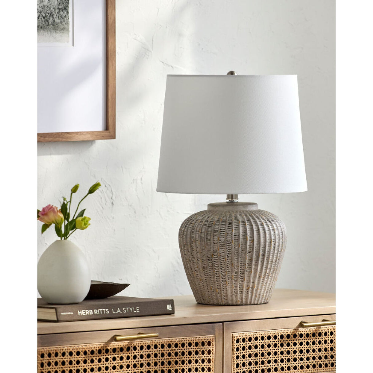 Modern European furniture - Carved Gray Ceramic Table Lamp - www.oroa.com