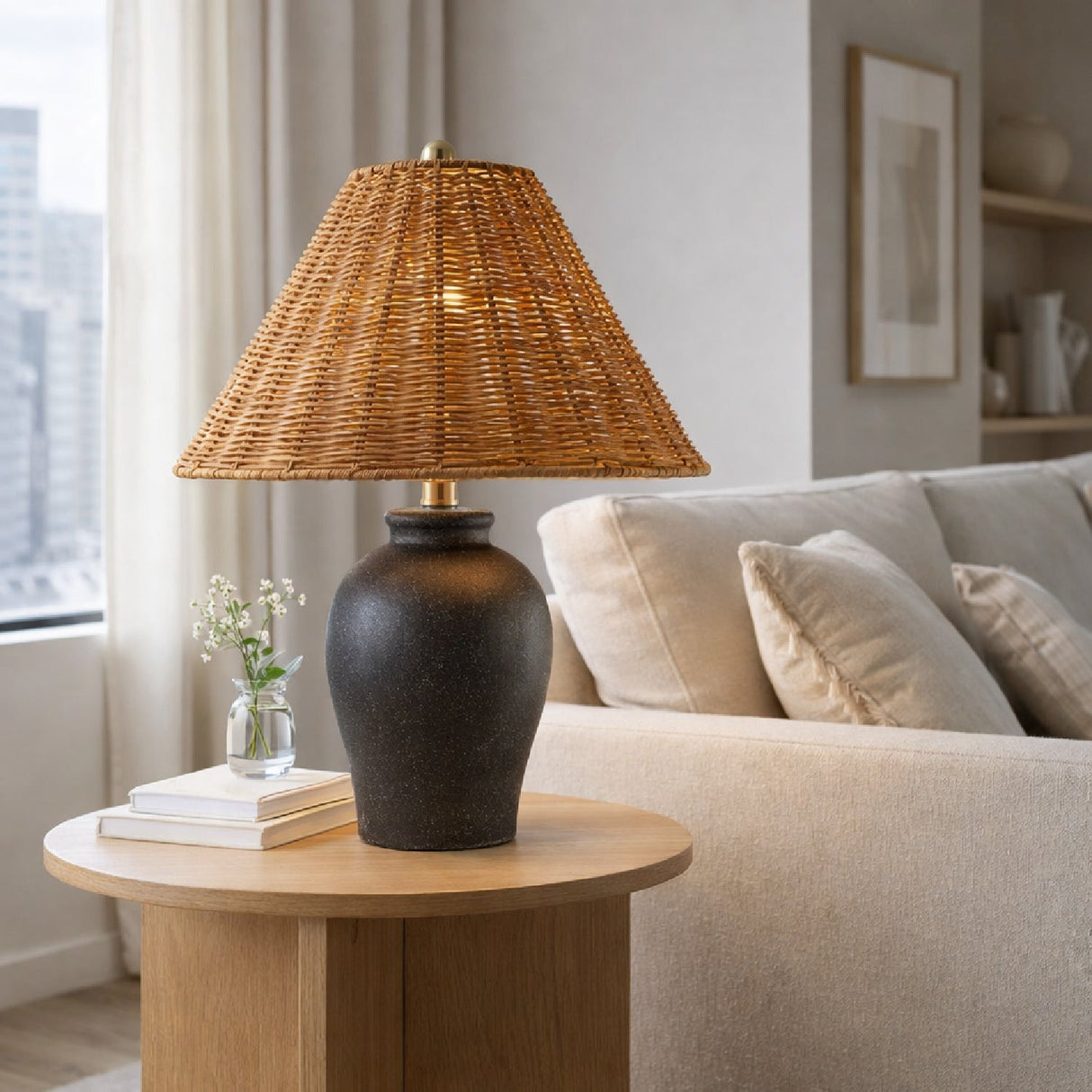 Modern European furniture - Brown Rattan Ceramic Table Lamp - www.oroa.com
