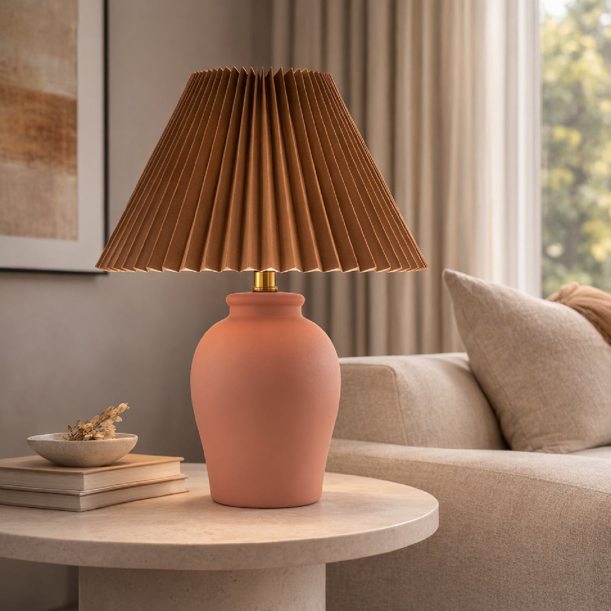 Modern European furniture - Brown Linen Pleated Table Lamp - www.oroa.com